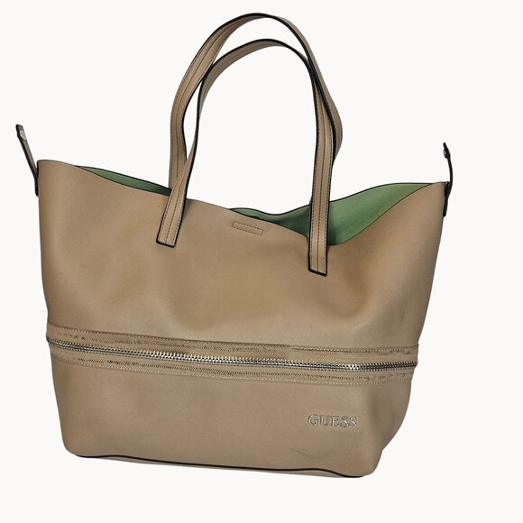 GUESS Beige Brown Green Lined Handbag Hobo Tote Bag Faux Leather Purse XL - Picture 5 of 16